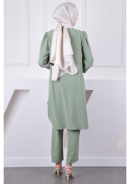 Haki Hakim Yaka Kolu Nervürlü Tunik Pantolonlu Takım modelleri