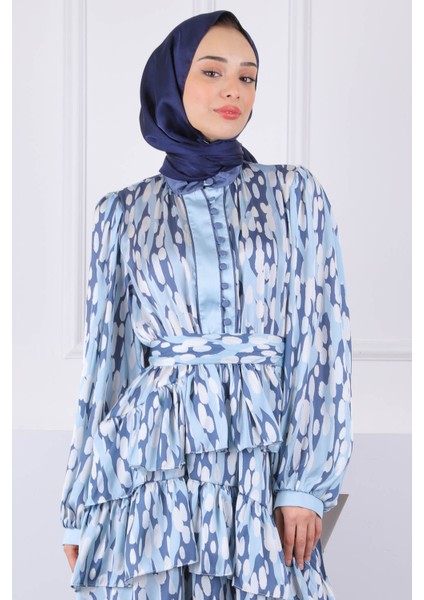 Mint Yeşili Desenli Eteği Katlı Saten Abiye
