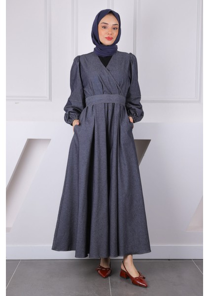 Lacivert Kruvaze Yaka Bel Kuşaklı Kot Elbise