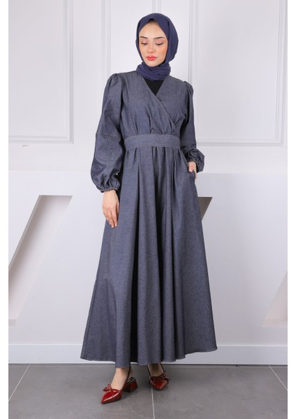 Lacivert Kruvaze Yaka Bel Kuşaklı Kot Elbise fiyatları