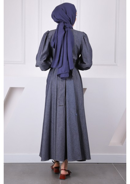 Lacivert Kruvaze Yaka Bel Kuşaklı Kot Elbise modelleri