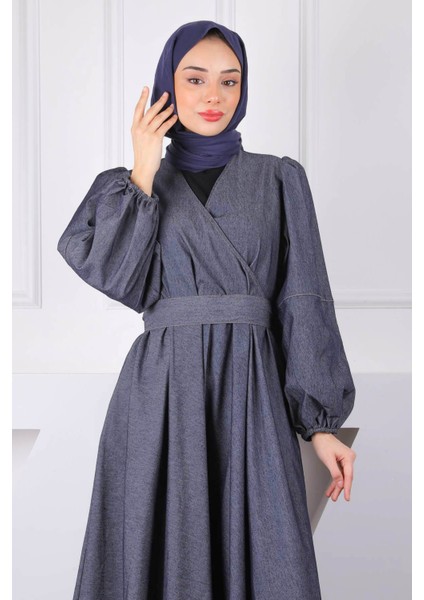 Lacivert Kruvaze Yaka Bel Kuşaklı Kot Elbise fırsatları