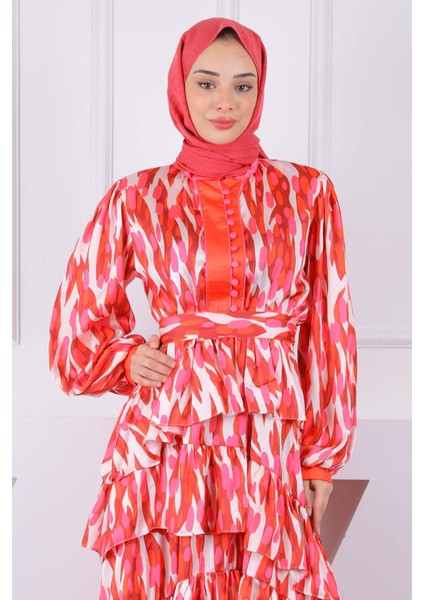Pembe Desenli Eteği Katlı Saten Abiye fırsatları