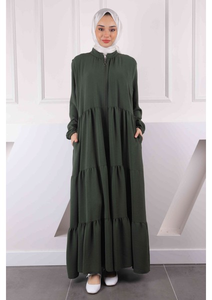 Haki Kol Lastikli Fermuarlı Ferace