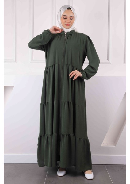 Haki Kol Lastikli Fermuarlı Ferace modelleri