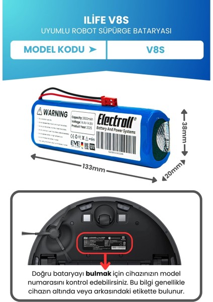 Ilife V8s Uyumlu Batarya (ORJİNAL KAPASİTE) 2600mah Pil Robot Süpürge Bataryası Değişimi