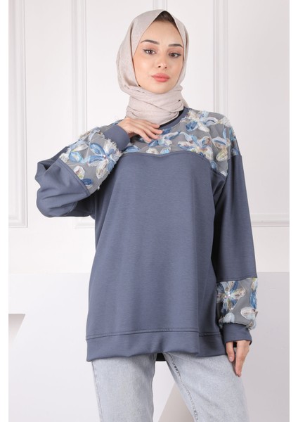 Füme Tül Çiçek Garnili Modal Sweat
