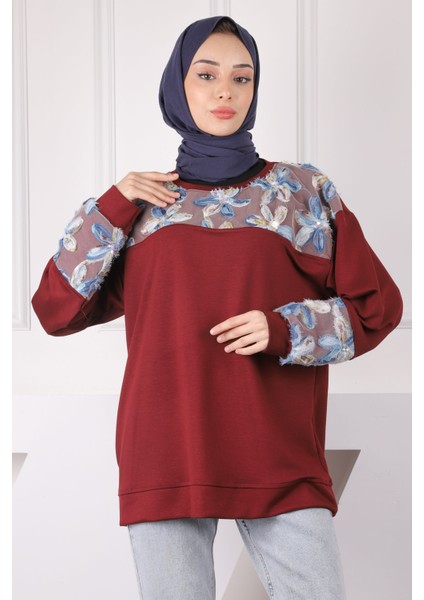 Bordo Tül Çiçek Garnili Modal Sweat