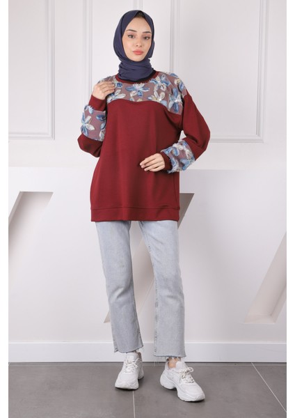Bordo Tül Çiçek Garnili Modal Sweat