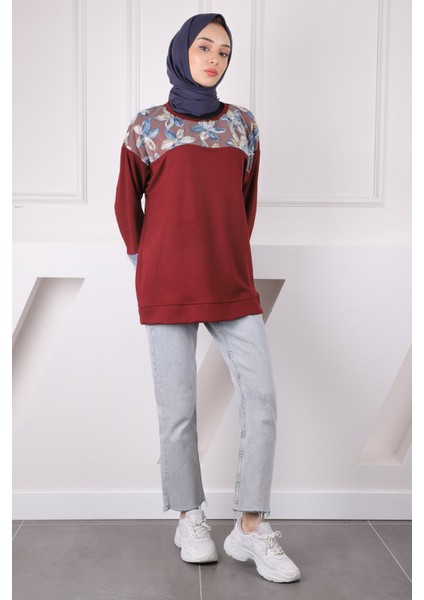 Bordo Tül Çiçek Garnili Modal Sweat