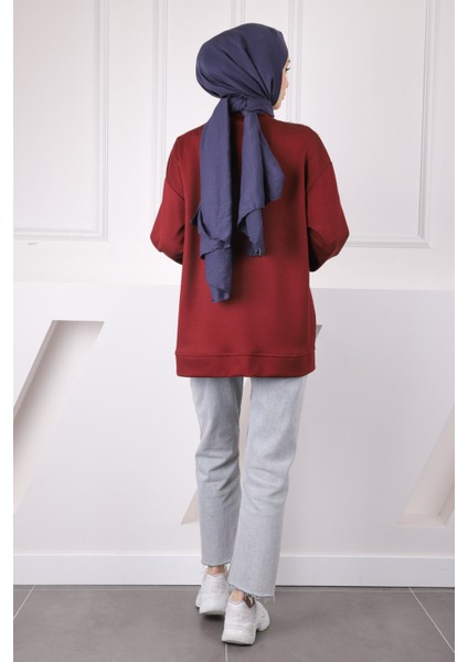 Bordo Tül Çiçek Garnili Modal Sweat