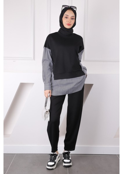 Siyah Gömlek Garnili Modal Tunik Pantolonlu Takım