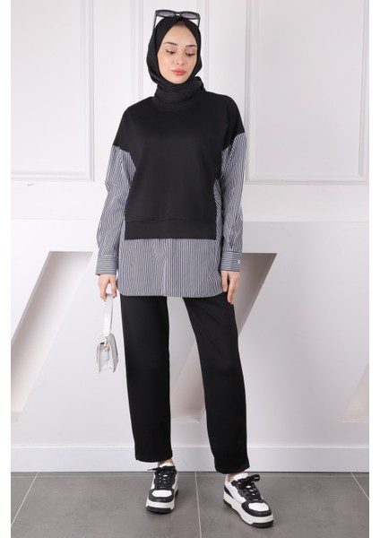 Siyah Gömlek Garnili Modal Tunik Pantolonlu Takım modelleri