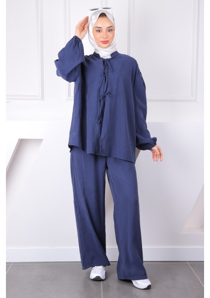 Lacivert Ön Bağlamalı Kimono Pantolonlu Takım
