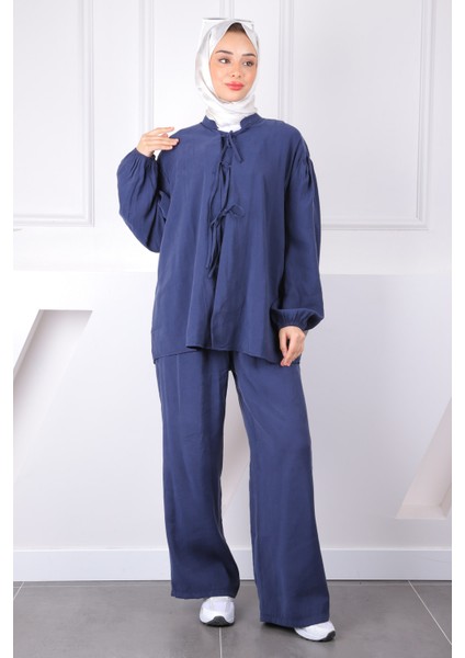 Lacivert Ön Bağlamalı Kimono Pantolonlu Takım fiyatları
