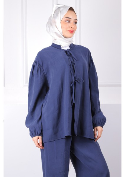Lacivert Ön Bağlamalı Kimono Pantolonlu Takım fırsatları