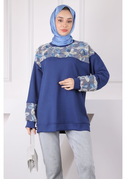 Lacivert Tül Çiçek Garnili Modal Sweat