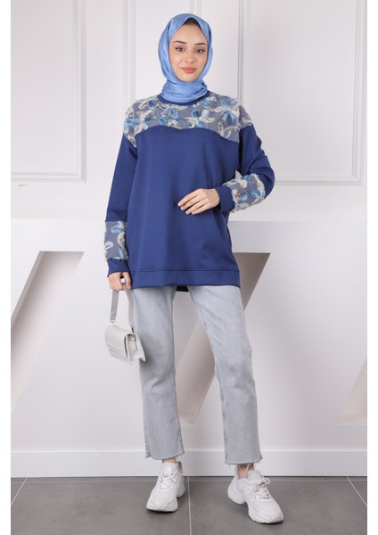 Lacivert Tül Çiçek Garnili Modal Sweat