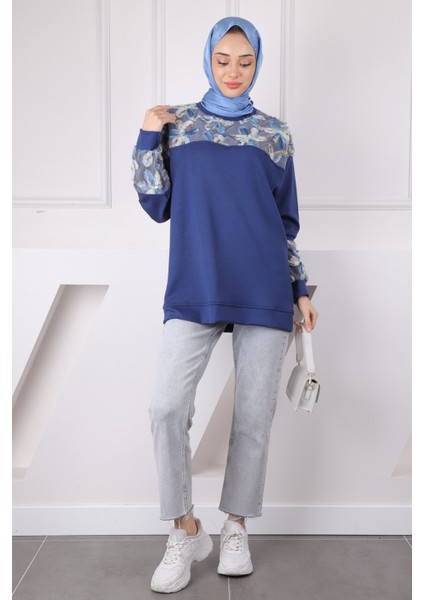 Lacivert Tül Çiçek Garnili Modal Sweat