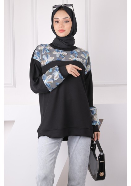 Siyah Tül Çiçek Garnili Modal Sweat