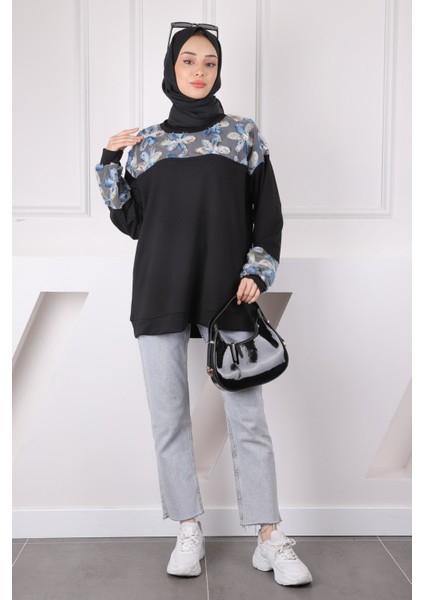 Siyah Tül Çiçek Garnili Modal Sweat