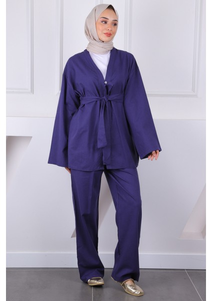 Lacivert Kemerli Kimono Pantolonlu Takım fiyatları