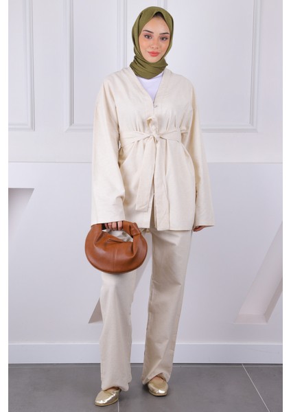Bej Kemerli Kimono Pantolonlu Takım