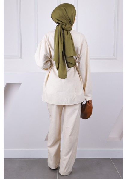 Bej Kemerli Kimono Pantolonlu Takım
