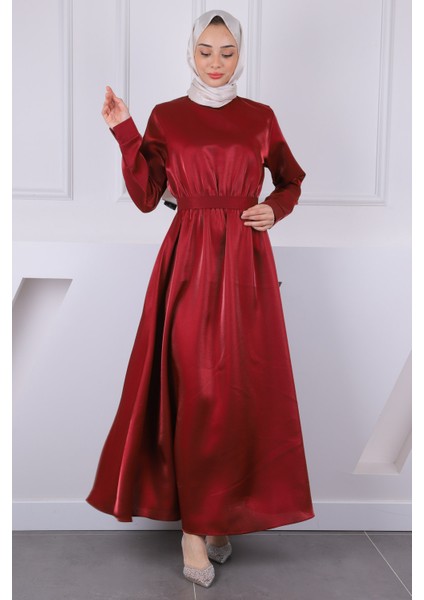 Bordo Bel Lastikli Saten Kuşaklı Abiye