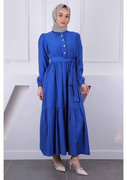 İndigo Bel Lastikli Kuşaklı Modal Elbise