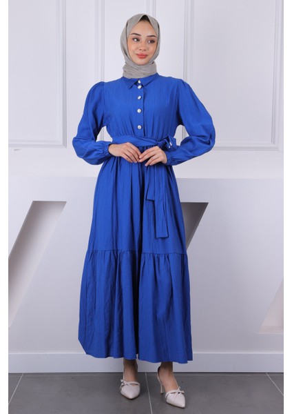 İndigo Bel Lastikli Kuşaklı Modal Elbise fiyatları