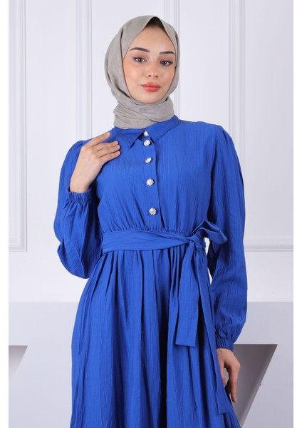 İndigo Bel Lastikli Kuşaklı Modal Elbise fırsatları