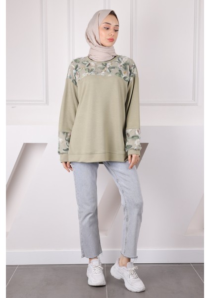 Haki Tül Çiçek Garnili Modal Sweat