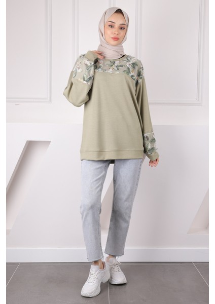 Haki Tül Çiçek Garnili Modal Sweat