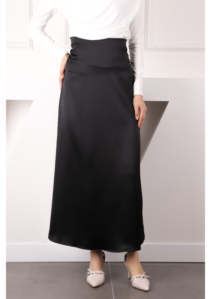 Siyah Yan Fermuarlı Saten Kloş Etek fırsatları