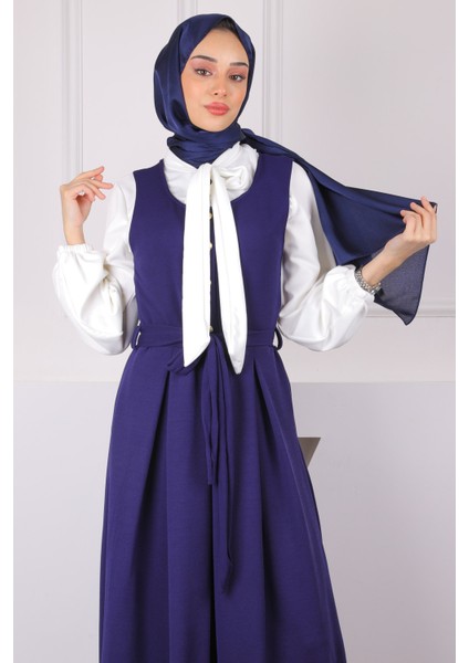 Lacivert Kuşaklı Bluz Kombinli Jile Elbise