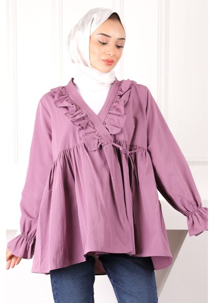 Gül Kurusu Yaka Fırfırlı Kimono
