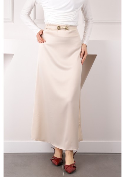 Bej Yan Fermuarlı Saten Kloş Etek