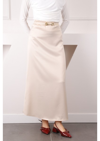 Bej Yan Fermuarlı Saten Kloş Etek modelleri