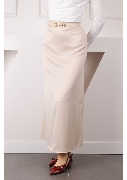 Bej Yan Fermuarlı Saten Kloş Etek fırsatları