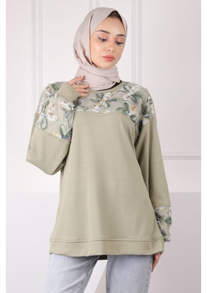 Haki Tül Çiçek Garnili Modal Sweat