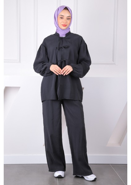 Siyah Ön Bağlamalı Kimono Pantolonlu Takım