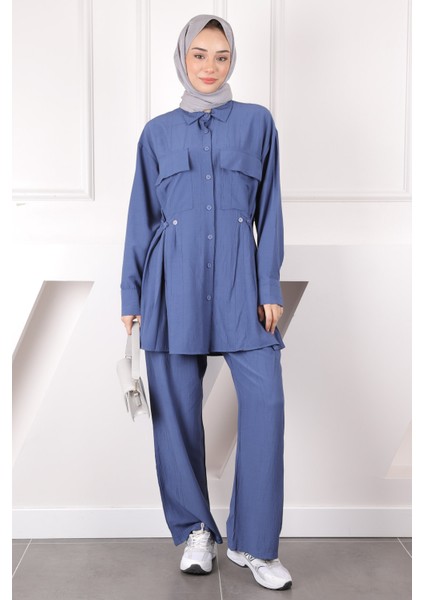 İndigo Cepli Tunik Pantolonlu Takım