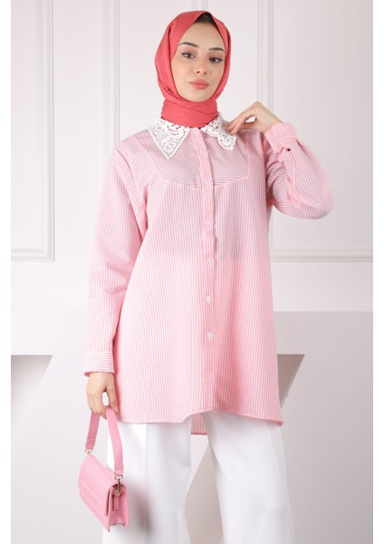 Pembe Çizgili Yaka Dantelli Tunik