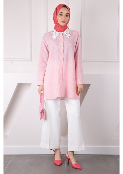 Pembe Çizgili Yaka Dantelli Tunik fiyatları