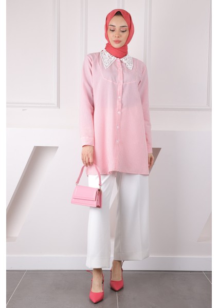 Pembe Çizgili Yaka Dantelli Tunik modelleri