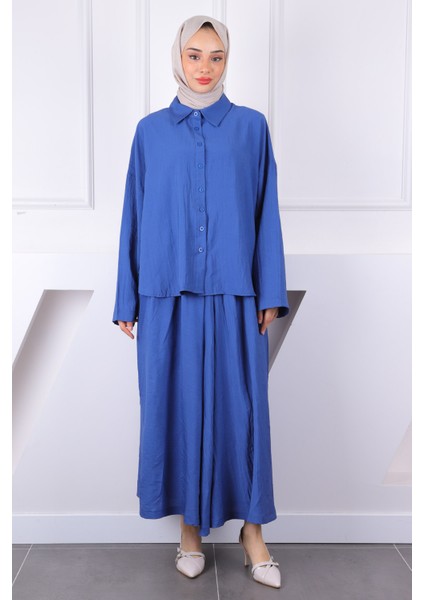 İndigo Yarasa Kol Modal Gömlek Etekli Takım