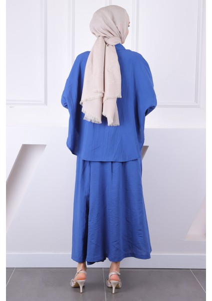 İndigo Yarasa Kol Modal Gömlek Etekli Takım modelleri