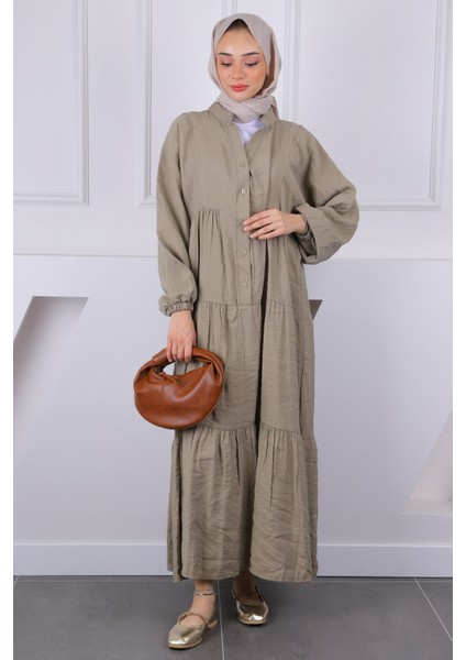 Haki Yarım Düğmeli Modal Elbise