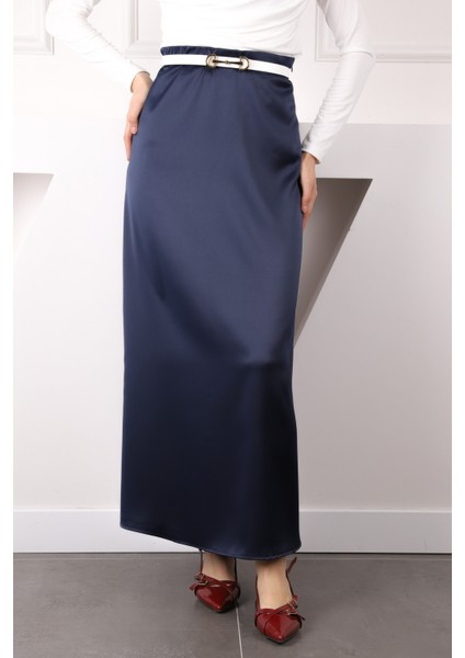 Lacivert Yan Fermuarlı Saten Kloş Etek